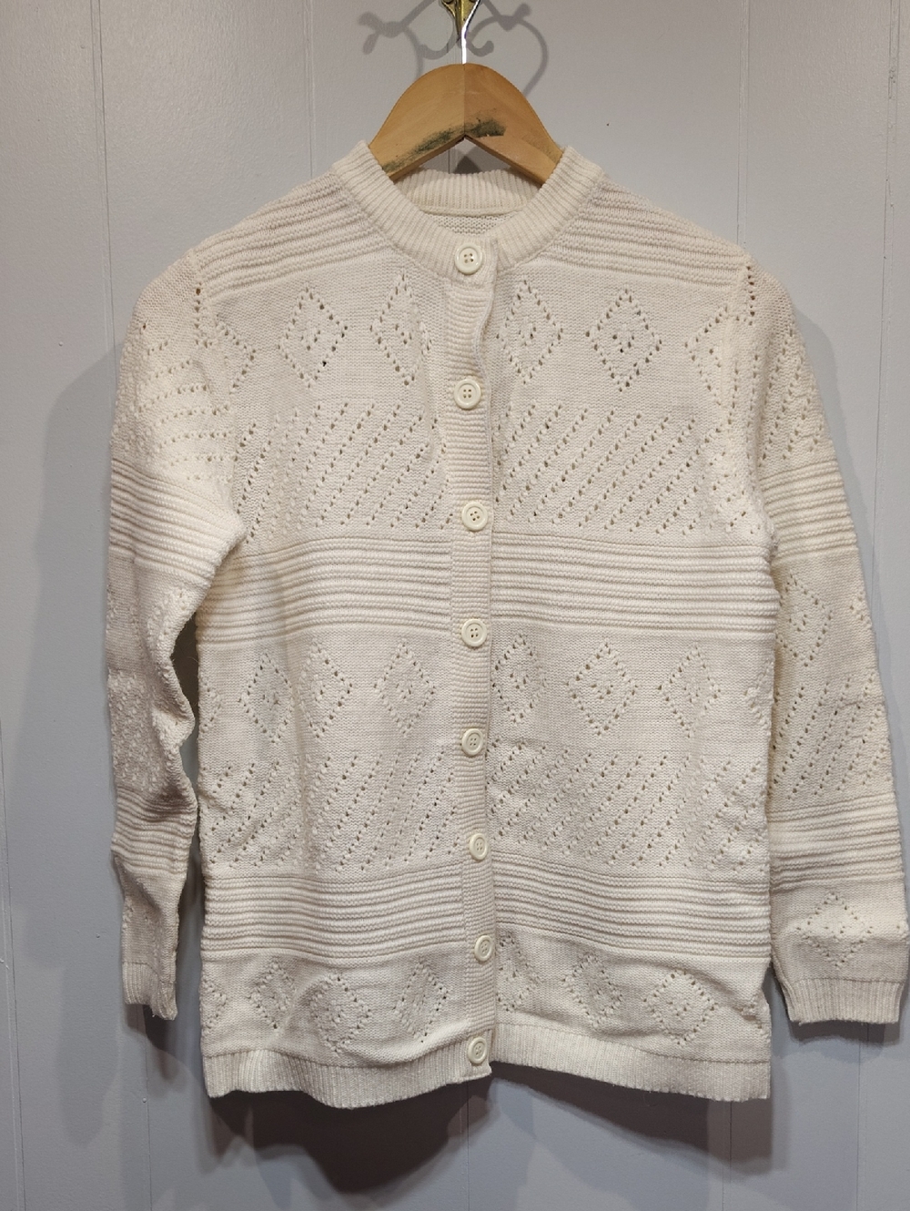 Vintage Handmade Chunky Cable Knit Cardigan Cream Button Front Sweater Slouchy